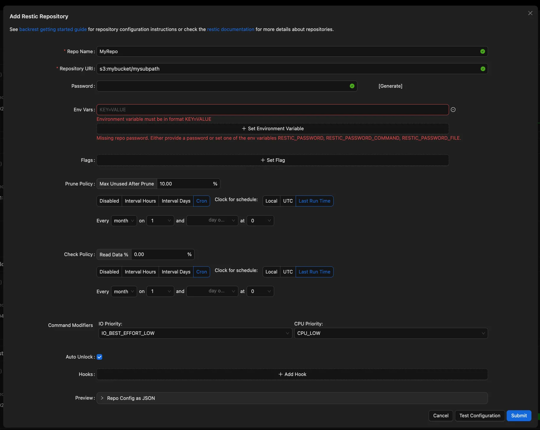 Backrest Add restic repo Screen