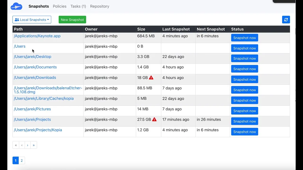 Kopia cross-platform desktop GUI managing backup snapshots