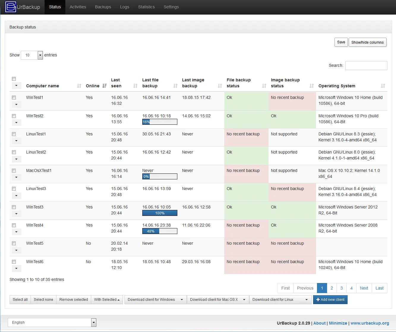 UrBackup web UI managing client image and file backups